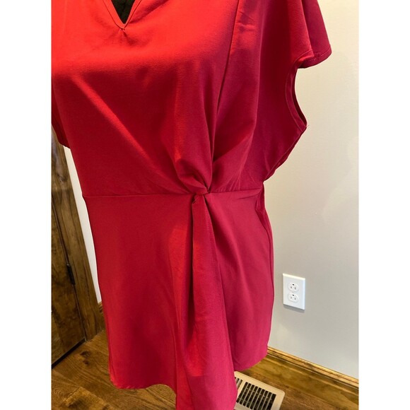 XL Red Blouse Cap Sleeves Faux Wrap Top Asymmetrical Hem V Neck Elastic Waist - Picture 7 of 10